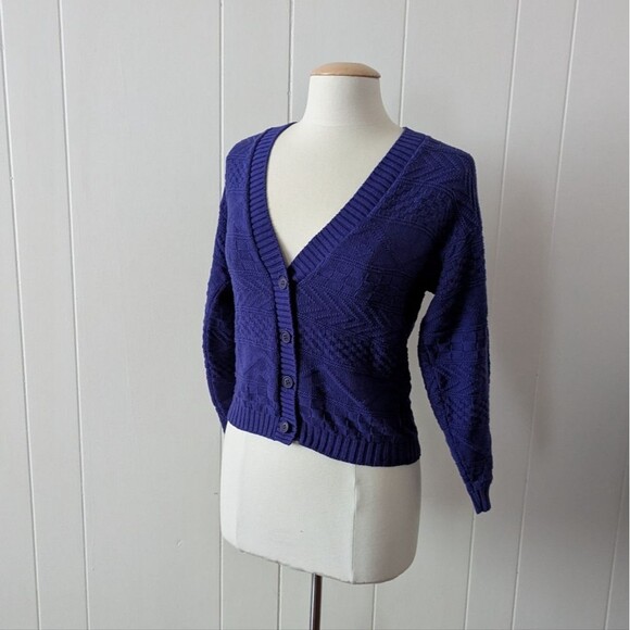 Vintage Royal Purple Texture Knit V-Neck Cardigan - Picture 4 of 7